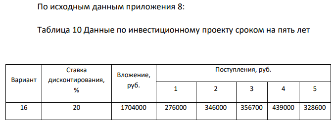 По исходным данным приложения 8: Таблица 10 Данные по инвестиционному проекту сроком на пять лет Вариант Ставка дисконтирования, % Вложение, руб. Поступления, руб. 1 2 3 4 5 16 20 1704000 276000 346000 356700 439000 328600 25 а) определить окупаемость проекта в течение пяти лет по критерию ЧДД; б) если проект окупается определить срок его окупаемости; в) определить индекс рентабельности проекта. 