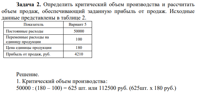 Определить критический объем производства и рассчитать объем продаж, обеспечивающий заданную прибыль от продаж. Исходные данные представлены в таблице 2. Показатель Вариант 5 Постоянные расходы 50000 Переменные расходы на единицу продукции 100 Цена единицы продукции 180 Прибыль от продаж, руб. 4210 