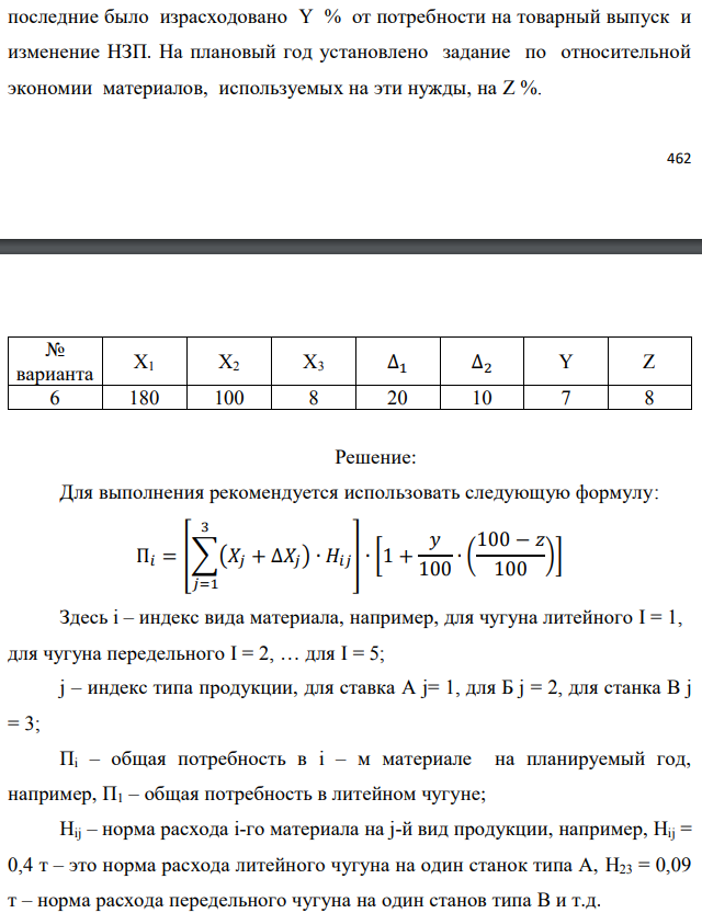 Рассчитать потребность машиностроительного завода в указанных в таблице материалах на плановый период. Завод традиционно выпускает станки двух типов – А и Б, кроме того в плановом периоде предполагается освоить производство станка типа В. Производственная программа предусматривает следующие объемы выпуска: станок А – X1 шт.; станок Б – X2 шт.; станок В – X3 шт. Данные по изменению объема незавершенного производства на планируемый год следующие: станок А – (+∆1); станок Б – (-∆2). Единица измерения – полный станко-комплект деталей и узлов собственного изготовления. Нормы расхода материалов в тоннах на единицу по станкам А и Б приведены в табл. 1.1. Нормы для станка В пока не рассчитаны, однако, учитывая, что он является модификацией станка А и легче его на 10%, для него следует принять соответственно скорректированные (уменьшенные на 10%) нормы для станка А.  Необходимо рассчитать на плановый период суммарную потребность по каждому виду материалов, учитывающую товарный выпуск, изменение незавершенного производства (потребность в материалах на1 станкокомплект незавершенного производства (НЗП) принять равным расходу на готовый станок) и ремонтно-эксплуатационные нужды. В предыдущем году на последние было израсходовано Y % от потребности на товарный выпуск и изменение НЗП. На плановый год установлено задание по относительной экономии материалов, используемых на эти нужды, на Z %. 