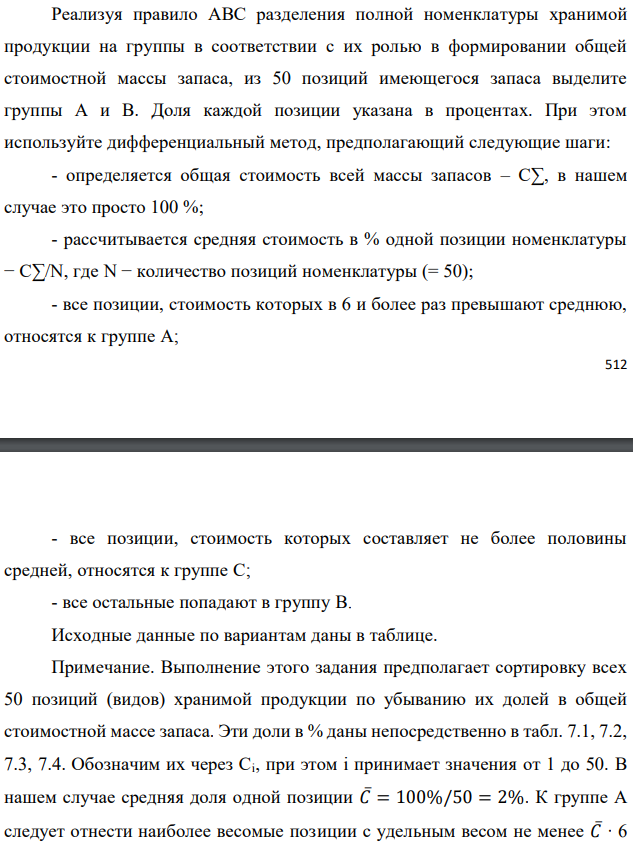 Реализуя правило АВС разделения полной номенклатуры хранимой продукции на группы в соответствии с их ролью в формировании общей стоимостной массы запаса, из 50 позиций имеющегося запаса выделите группы А и В. Доля каждой позиции указана в процентах. При этом используйте дифференциальный метод, предполагающий следующие шаги: - определяется общая стоимость всей массы запасов – С∑, в нашем случае это просто 100 %; - рассчитывается средняя стоимость в % одной позиции номенклатуры − С∑/N, где N − количество позиций номенклатуры (= 50); - все позиции, стоимость которых в 6 и более раз превышают среднюю, относятся к группе А;  - все позиции, стоимость которых составляет не более половины средней, относятся к группе С; - все остальные попадают в группу В. Исходные данные по вариантам даны в таблице. Примечание. Выполнение этого задания предполагает сортировку всех 50 позиций (видов) хранимой продукции по убыванию их долей в общей стоимостной массе запаса. Эти доли в % даны непосредственно в табл. 7.1, 7.2, 7.3, 7.4. Обозначим их через Ci, при этом i принимает значения от 1 до 50. В нашем случае средняя доля одной позиции 𝐶̅= 100%/50 = 2%. К группе А следует отнести наиболее весомые позиции с удельным весом не менее 𝐶̅∙ 6 =12%. К группе С относятся позиции с удельным весом от нуля до 𝐶̅∙ 0,5= 1% включительно (это самые мелкие позиции). Все остальные позиции с удельным весом от 1% исключительно до 12% исключительно относятся к группе В (средней по экономической значимости в задачах управления запасами). В случае нашего задания, как и в большинстве практических ситуаций, группа А является самой малочисленной (обычно 2÷3 позиции), группа С, наоборот, обычно не менее 2/3 от всех позиций. Поэтому в ответе рекомендуется привести состав только для групп А и В. 