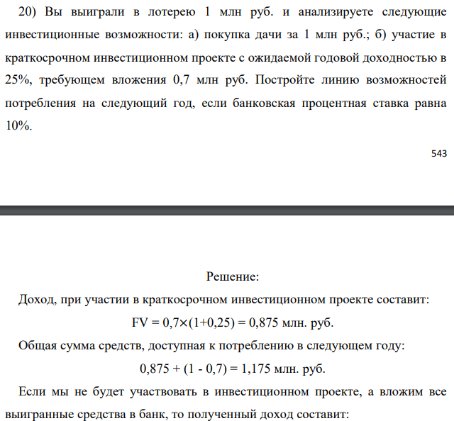 Вы выиграли в лотерею 1 млн руб. и анализируете следующие инвестиционные возможности: а) покупка дачи за 1 млн руб.; б) участие в краткосрочном инвестиционном проекте с ожидаемой годовой доходностью в 25%, требующем вложения 0,7 млн руб. Постройте линию возможностей потребления на следующий год, если банковская процентная ставка равна 10%. 