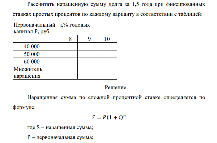  Рассчитать наращенную сумму долга за 1,5 года при фиксированных ставках простых процентов по каждому варианту в соответствии с таблицей: Первоначальный капитал P, руб. i,% годовых  8 9 10  40 000  50 000  60 000 Множитель наращения 