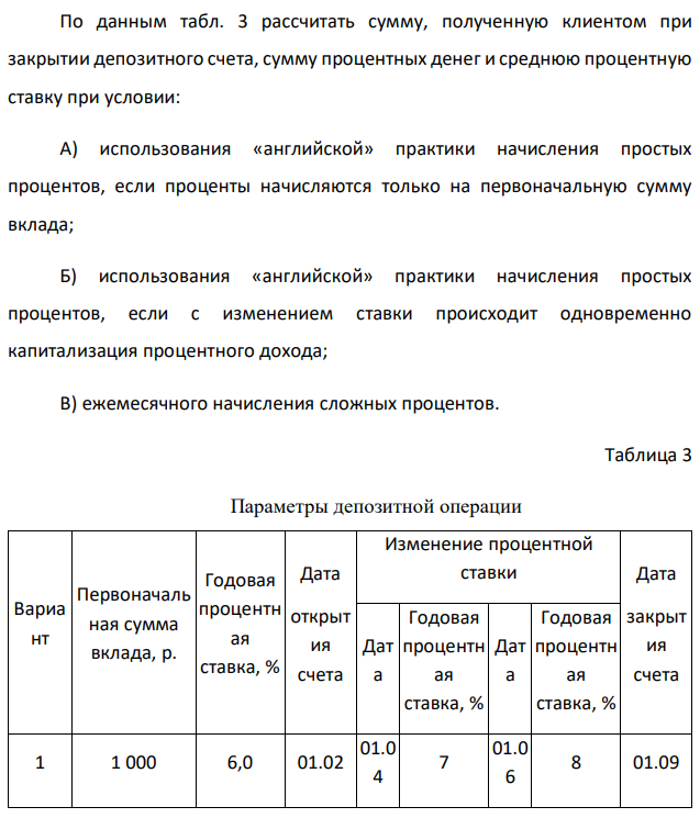 По данным табл. 3 рассчитать сумму, полученную клиентом при закрытии депозитного счета, сумму процентных денег и среднюю процентную ставку при условии: А) использования «английской» практики начисления простых процентов, если проценты начисляются только на первоначальную сумму вклада; Б) использования «английской» практики начисления простых процентов, если с изменением ставки происходит одновременно капитализация процентного дохода; В) ежемесячного начисления сложных процентов. 