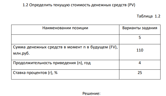  Определить текущую стоимость денежных средств (PV) Таблица 1.2 Наименовании позиции Варианты задания 5 Сумма денежных средств в момент n в будущем (FV), млн.руб. 110 Продолжительность приведения (n), год 4 Ставка процентов (r), % 25 