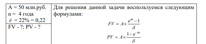 Фирма намеревается выпускать некоторую продукцию в течение 4-х лет, получая ежегодно выручку в размере 50 млн руб. Предполагается, что продукция в течение года будет продаваться равномерно. Оцените ожидаемый доход фирмы, если применяется непрерывная ставка 22% за год. 