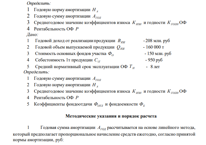  Определить: 1 Годовую норму амортизации Н А 2 Годовую сумму амортизации АГОД 3 Среднегодовое значение коэффициентов износа К ИЗН и годности КГОДН ОФ 4 Рентабельность ОФ Р Дано: 1 Годовой доход от реализациипродукции ВГОД  - 208 млн. руб 2 Годовой объем выпускаемой продукции QГОД  - 160 000 т 3 Стоимость основных фондов участка ФО  - 150 млн. руб 4 Себестоимость 1т продукции С1Т  - 950 руб 5 Средний нормативный срок эксплуатации ОФ Т Н  - 8 лет  Определить: 1 Годовую сумму амортизации АГОД 2 Годовую норму амортизации Н А 3 Среднегодовое значение коэффициентов износа К ИЗН и годности КГОДН ОФ 4 Рентабельность ОФ Р 5 Коэффициенты фондоотдачи ФОТД и фондоемкости ФЕ 