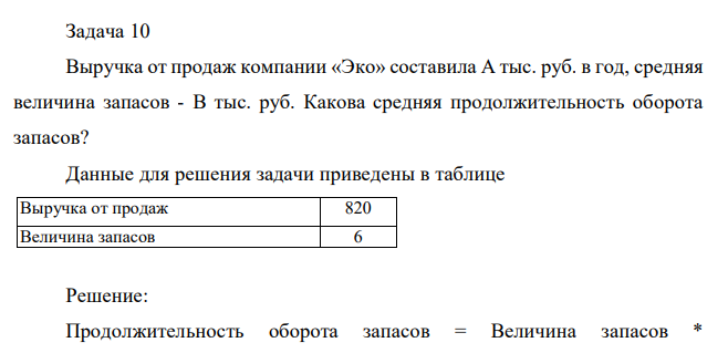 Выручка от продаж компании «Эко» составила А тыс. руб. в год, средняя величина запасов - В тыс. руб. Какова средняя продолжительность оборота запасов? Данные для решения задачи приведены в таблице
