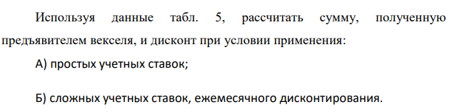 Используя данные табл. 5, рассчитать сумму, полученную предъявителем векселя, и дисконт при условии применения: А) простых учетных ставок; Б) сложных учетных ставок, ежемесячного дисконтирования. 0 5000 10000 15000 20000 25000 30000 1 2 Наращенная сумма с учетом инфляции Наращенная сумма Для условия А определить значение эквивалентной простой ставки процентов, для условия Б - эффективной учетной ставки. Построить графики дисконтирования по простой и сложной учетной ставке. 