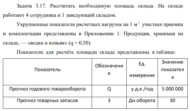 Рассчитать необходимую площадь склада. На складе работают 4 сотрудника и 1 заведующий складом. Укрупненные показатели расчетных нагрузок на 1 м 2 участках приемки и комплектации представлены в Приложении 1. Продукция, хранимая на складе, — «водка и коньяк» (q = 0,50) 