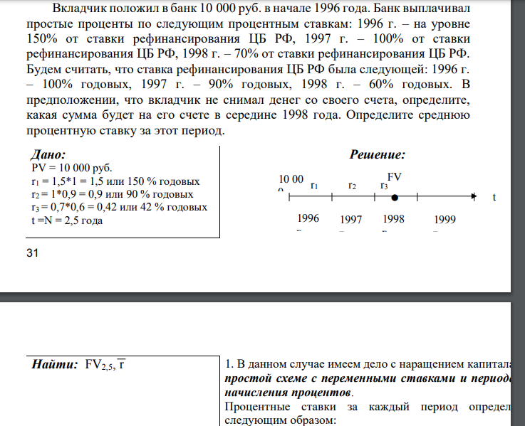  Вкладчик положил в банк 10 000 руб. в начале 1996 года. Банк выплачивал простые проценты по следующим процентным ставкам: 1996 г. – на уровне 150% от ставки рефинансирования ЦБ РФ, 1997 г. – 100% от ставки рефинансирования ЦБ РФ, 1998 г. – 70% от ставки рефинансирования ЦБ РФ. Будем считать, что ставка рефинансирования ЦБ РФ была следующей: 1996 г. – 100% годовых, 1997 г. – 90% годовых, 1998 г. – 60% годовых. В предположении, что вкладчик не снимал денег со своего счета, определите, какая сумма будет на его счете в середине 1998 года. Определите среднюю процентную ставку за этот период. 