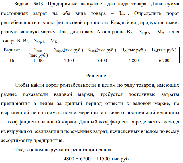 Предприятие выпускает два вида товара. Дана сумма постоянных затрат на оба вида товара – Зпост. Определить порог рентабельности и запас финансовой прочности. Каждый вид продукции имеет разную валовую маржу. Так, для товара А она равна ВА – Зпер.А = МА, а для товара Б: ВБ – Зпер.Б = МБ. 