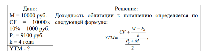 Рассчитать доходность облигации нарицательной стоимостью 10000 руб. с годовой купонной ставкой 10%, имеющей текущую рыночную цену 9100 руб.; облигация будет приниматься к погашению через 4 года. 