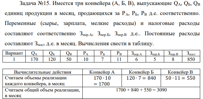 Имеется три конвейера (А, Б, В), выпускающие QA, QБ, QВ единиц продукции в месяц, продающихся за РA, РБ, РВ д.е. соответственно. Переменные (сырье, зарплата, мелкие расходы) и налоговые расходы составляют соответственно Зпер.А, Зпер.Б, Зпер.В д.е.. Постоянные расходы составляют Зпост д.е. в месяц. Вычисления свести в таблицу. 