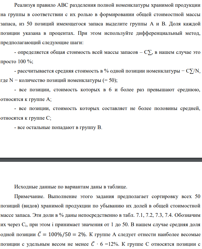 Реализуя правило АВС разделения полной номенклатуры хранимой продукции на группы в соответствии с их ролью в формировании общей стоимостной массы запаса, из 50 позиций имеющегося запаса выделите группы А и В. Доля каждой позиции указана в процентах. При этом используйте дифференциальный метод, предполагающий следующие шаги: - определяется общая стоимость всей массы запасов – С∑, в нашем случае это просто 100 %; - рассчитывается средняя стоимость в % одной позиции номенклатуры − С∑/N, где N − количество позиций номенклатуры (= 50); - все позиции, стоимость которых в 6 и более раз превышают среднюю, относятся к группе А; - все позиции, стоимость которых составляет не более половины средней, относятся к группе С; - все остальные попадают в группу В  Исходные данные по вариантам даны в таблице. Примечание. Выполнение этого задания предполагает сортировку всех 50 позиций (видов) хранимой продукции по убыванию их долей в общей стоимостной массе запаса. Эти доли в % даны непосредственно в табл. 7.1, 7.2, 7.3, 7.4. Обозначим их через Ci, при этом i принимает значения от 1 до 50. В нашем случае средняя доля одной позиции 𝐶̅= 100%/50 = 2%. К группе А следует отнести наиболее весомые позиции с удельным весом не менее 𝐶̅∙ 6 =12%. К группе С относятся позиции с удельным весом от нуля до 𝐶̅∙ 0,5= 1% включительно (это самые мелкие позиции). Все остальные позиции с удельным весом от 1% исключительно до 12% исключительно относятся к группе В (средней по экономической значимости в задачах управления запасами). В случае нашего задания, как и в большинстве практических ситуаций, группа А является самой малочисленной (обычно 2÷3 позиции), группа С, наоборот, обычно не менее 2/3 от всех позиций. Поэтому в ответе рекомендуется привести состав только для групп А и В. 