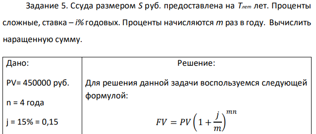 Ссуда размером S руб. предоставлена на Тлет лет. Проценты сложные, ставка – i% годовых. Проценты начисляются m раз в году. Вычислить наращенную сумму.  