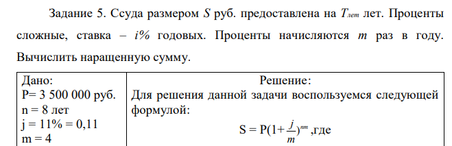 Ссуда размером S руб. предоставлена на Тлет лет. Проценты сложные, ставка – i% годовых. Проценты начисляются m раз в году. Вычислить наращенную сумму.  