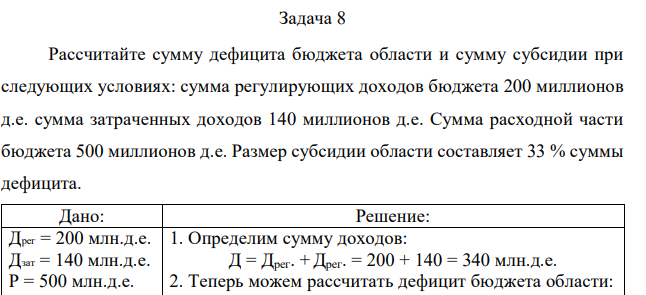 Рассчитайте сумму дефицита бюджета области и сумму субсидии при следующих условиях: сумма регулирующих доходов бюджета 200 миллионов д.е. сумма затраченных доходов 140 миллионов д.е. Сумма расходной части бюджета 500 миллионов д.е. Размер субсидии области составляет 33 % суммы дефицита.  