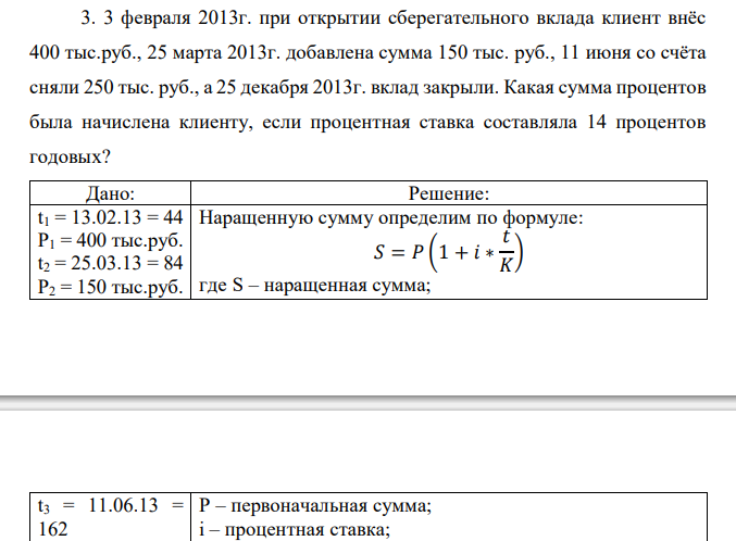  3 февраля 2013г. при открытии сберегательного вклада клиент внёс 400 тыс.руб., 25 марта 2013г. добавлена сумма 150 тыс. руб., 11 июня со счёта сняли 250 тыс. руб., а 25 декабря 2013г. вклад закрыли. Какая сумма процентов была начислена клиенту, если процентная ставка составляла 14 процентов годовых? 