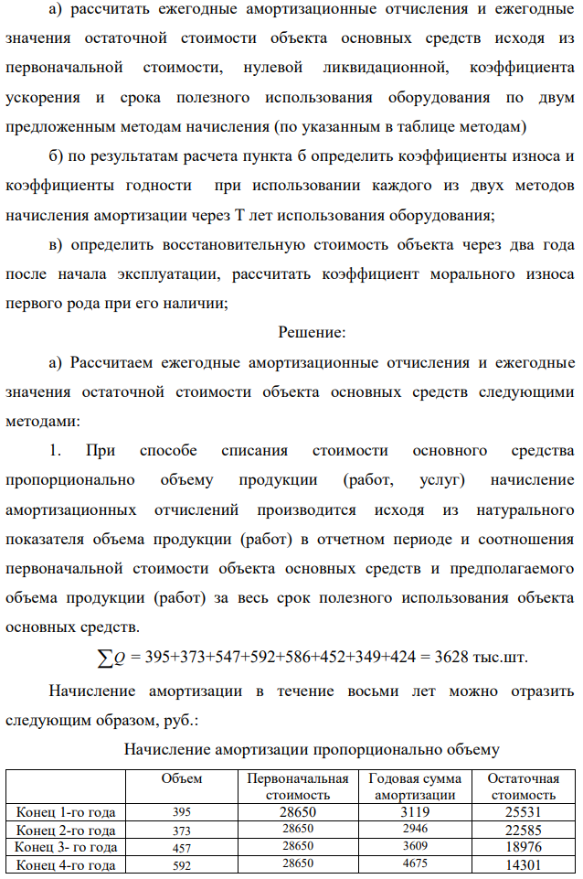 По исходным данным приложение 1определить: Таблица 1 Исходные данные о приобретенном объекте основных средств Вариант С перв, тыс руб С ликв, тыс руб Срок, лет К уско р Метод Индекс цен на данное оборудование через два года от начала экслуатации 1 28 650 1 500 5 1,60 пр-но объему, ум ост 0,80 Таблица 2 Объемы производства (для сроков меньше восьми лет принимать первые по порядку значения) Объемы пр-ва, тыс шт период Объем 1 395 2 373 3 457 4 592 5 586 6 452 7 349 8 424 11 а) рассчитать ежегодные амортизационные отчисления и ежегодные значения остаточной стоимости объекта основных средств исходя из первоначальной стоимости, нулевой ликвидационной, коэффициента ускорения и срока полезного использования оборудования по двум предложенным методам начисления (по указанным в таблице методам) б) по результатам расчета пункта б определить коэффициенты износа и коэффициенты годности при использовании каждого из двух методов начисления амортизации через Т лет использования оборудования; в) определить восстановительную стоимость объекта через два года после начала эксплуатации, рассчитать коэффициент морального износа первого рода при его наличии; 