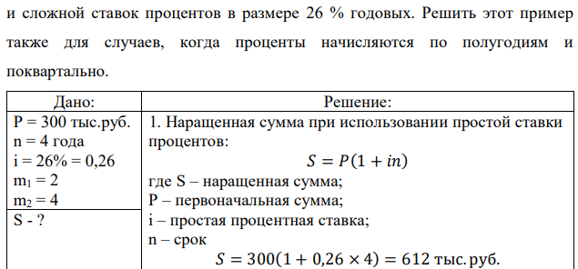 Первоначальная вложенная сумма равна 300 тыс.руб. Определить наращенную сумму через четыре года при использовании простой 38 и сложной ставок процентов в размере 26 % годовых. Решить этот пример также для случаев, когда проценты начисляются по полугодиям и поквартально.