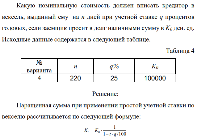 Какую номинальную стоимость должен вписать кредитор в вексель, выданный ему на n дней при учетной ставке q процентов годовых, если заемщик просит в долг наличными сумму в K0 ден. ед. Исходные данные содержатся в следующей таблице. 