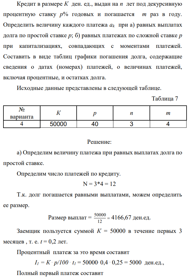Кредит в размере К ден. ед., выдан на n лет под декурсивную процентную ставку р% годовых и погашается m раз в году. Определить величину каждого платежа аk при а) равных выплатах долга по простой ставке р; б) равных платежах по сложной ставке р при капитализациях, совпадающих с моментами платежей. Составить в виде таблиц графики погашения долга, содержащие сведения о датах (номерах) платежей, о величинах платежей, включая процентные, и остатках долга. Исходные данные представлены в следующей таблице.