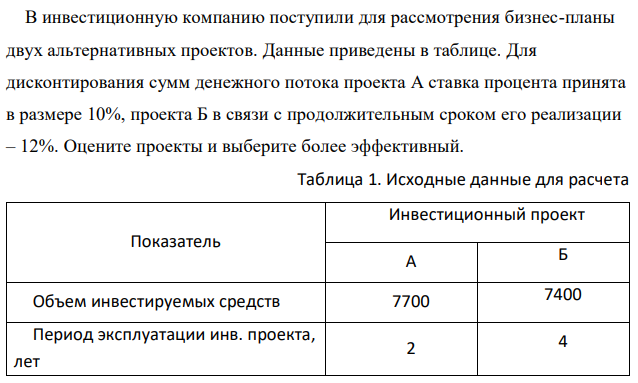 В инвестиционную компанию поступили для рассмотрения бизнес-планы двух альтернативных проектов. Данные приведены в таблице. Для дисконтирования сумм денежного потока проекта А ставка процента принята в размере 10%, проекта Б в связи с продолжительным сроком его реализации – 12%. Оцените проекты и выберите более эффективный.