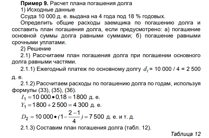  Расчет плана погашения долга 1) Исходные данные Ссуда 10 000 д. е. выдана на 4 года под 18 % годовых. Определить общие расходы заемщика по погашению долга и составить план погашения долга, если предусмотрено: а) погашение основной суммы долга равными суммами; б) погашение равными срочными уплатами. 