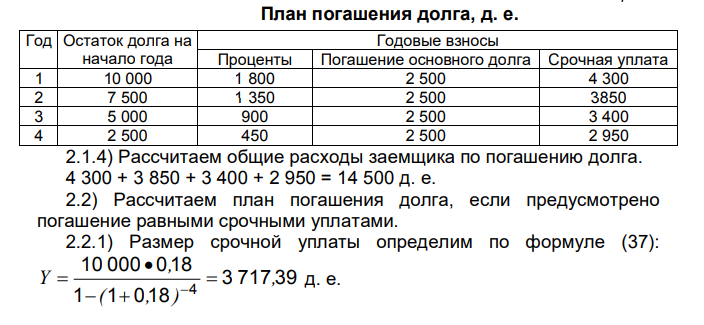  Расчет плана погашения долга 1) Исходные данные Ссуда 10 000 д. е. выдана на 4 года под 18 % годовых. Определить общие расходы заемщика по погашению долга и составить план погашения долга, если предусмотрено: а) погашение основной суммы долга равными суммами; б) погашение равными срочными уплатами. 