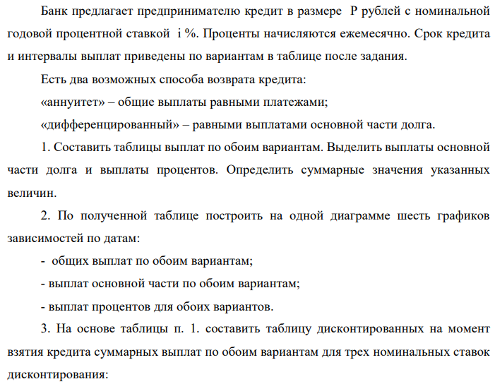 Банк предлагает предпринимателю кредит в размере P рублей с номинальной годовой процентной ставкой i %. Проценты начисляются ежемесячно. Срок кредита и интервалы выплат приведены по вариантам в таблице после задания. Есть два возможных способа возврата кредита: «аннуитет» – общие выплаты равными платежами; «дифференцированный» – равными выплатами основной части долга. 1. Составить таблицы выплат по обоим вариантам. Выделить выплаты основной части долга и выплаты процентов. Определить суммарные значения указанных величин. 2. По полученной таблице построить на одной диаграмме шесть графиков зависимостей по датам: - общих выплат по обоим вариантам; - выплат основной части по обоим вариантам; - выплат процентов для обоих вариантов. 3. На основе таблицы п. 1. составить таблицу дисконтированных на момент взятия кредита суммарных выплат по обоим вариантам для трех номинальных ставок дисконтирования: а) ставки кредита i %; б) ставки (i - 5)%; в) ставки (i +5) %. При дисконтировании учитывать ежемесячное начисление процентов. Определить суммы дисконтированных величин. 4. Сделать вывод о выгодности для предпринимателя той или иной схемы получения кредита в зависимости от нормы прибыли в его бизнесе. 5. Какие еще выводы можно сделать на основе решения этого задания? Данные для расчетов: P = (10*5+9+1)*100000 = 6000000; i = 9+5+10 = 24; m = 12; n = 4; р = 3