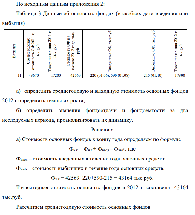 По исходным данным приложения 2: Таблица 3 Данные об основных фондах (в скобках дата введения или выбытия) Вариант Среднегодовая сто имость ОФ 2011 г, тыс руб Товарная пр-ция 2011 г, тыс руб Стоимость ОФ на начало 2012 года, тыс руб Введенные ОФ, тыс руб Выбывшие ОФ, тыс руб Това рная пр-ция 2012 г, тыс руб 11 43670 17200 42569 220 (01.06), 590 (01.08) 215 (01.10) 17300 а) определить среднегодовую и выходную стоимость основных фондов 2012 г определить темпы их роста; б) определить значения фондоотдачи и фондоемкости за два исследуемых периода, проанализировать их динамику.  