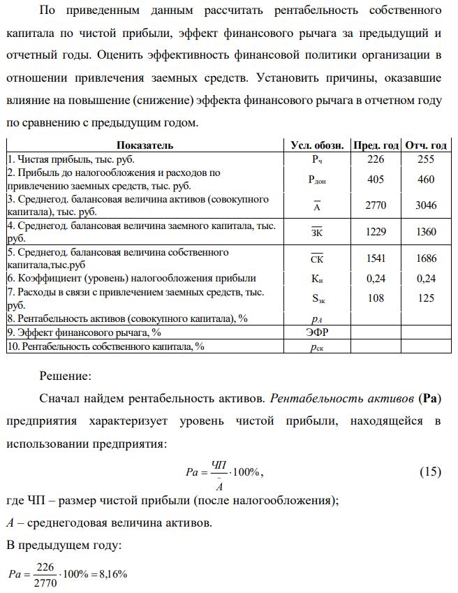 По приведенным данным рассчитать рентабельность собственного капитала по чистой прибыли, эффект финансового рычага за предыдущий и отчетный годы. Оценить эффективность финансовой политики организации в отношении привлечения заемных средств. Установить причины, оказавшие влияние на повышение (снижение) эффекта финансового рычага в отчетном году по сравнению с предыдущим годом.