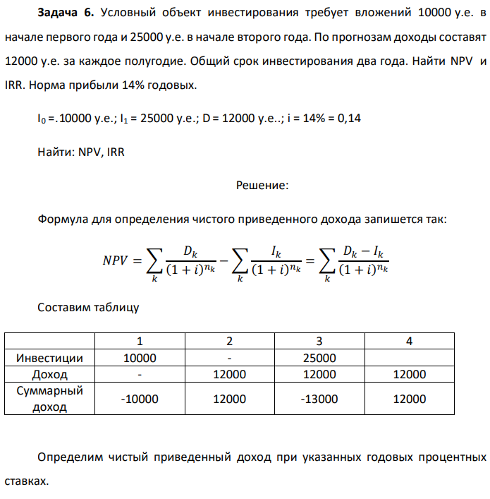 Условный объект инвестирования требует вложений 10000 у.е. в начале первого года и 25000 у.е. в начале второго года. По прогнозам доходы составят 12000 у.е. за каждое полугодие. Общий срок инвестирования два года. Найти NPV и IRR. Норма прибыли 14% годовых. I0 =.10000 у.е.; I1 = 25000 у.е.; D = 12000 у.е..; i = 14% = 0,14 Найти: NPV, IRR 