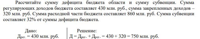 Рассчитайте сумму дефицита бюджета области и сумму субвенции. Сумма регулирующих доходов бюджета составляет 430 млн. руб., сумма закрепленных доходов – 320 млн. руб. Сумма расходной части бюджета составляет 860 млн. руб. Сумма субвенции составляет 32% от суммы дефицита бюджета. 