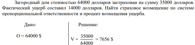 Загородный дом стоимостью 64000 долларов застрахован на сумму 35000 долларов. Фактический ущерб составил 14000 долларов. Найти страховое возмещение по системе пропорциональной ответственности и процент возмещения ущерба. 