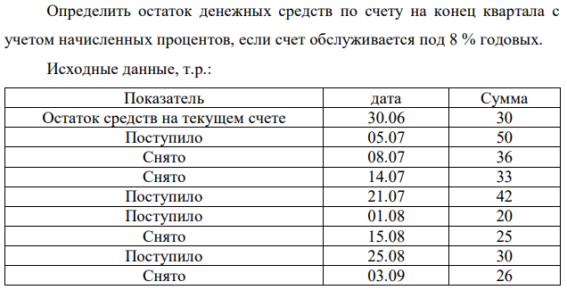 Определить остаток денежных средств по счету на конец квартала с учетом начисленных процентов, если счет обслуживается под 8 % годовых. Исходные данные, т.р.: 