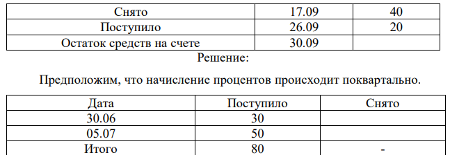 Определить остаток денежных средств по счету на конец квартала с учетом начисленных процентов, если счет обслуживается под 8 % годовых. Исходные данные, т.р.: 