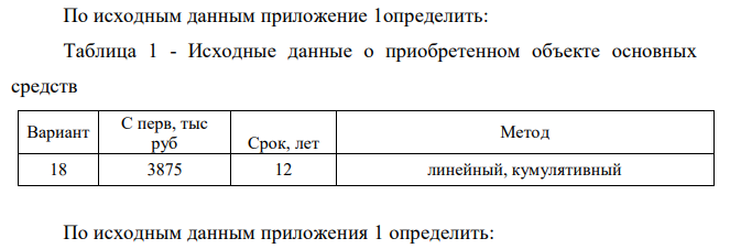 По исходным данным приложение 1определить: Таблица 1 - Исходные данные о приобретенном объекте основных средств Вариант С перв, тыс руб Срок, лет Метод 18 3875 12 линейный, кумулятивный По исходным данным приложения 1 определить: 366 а) рассчитать ежегодные амортизационные отчисления и ежегодные значения остаточной стоимости объекта основных средств исходя из данных и методов начисления, указанных в таблице; б) по результатам расчета пункта а определить коэффициенты износа и коэффициенты годности при использовании каждого из двух методов начисления амортизации через Т лет использования оборудования. 