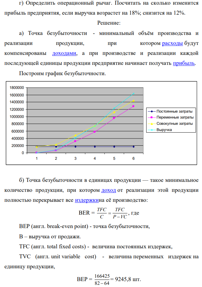 По исходным данным приложения 7: Таблица 11 – Исходные данные Вариант Постоянные затраты, руб Переменные затраты, руб Цена, руб Q1, шт 18 166425 64 82 12000 а) построить график безубыточности; б) определить точку безубыточности и порог рентабельности; в) определить объем прибыли, маржинальной прибыли и рентабельность при объеме Q1. 381 г) Определить операционный рычаг. Посчитать на сколько изменится прибыль предприятия, если выручка возрастет на 18%; снизится на 12%. 