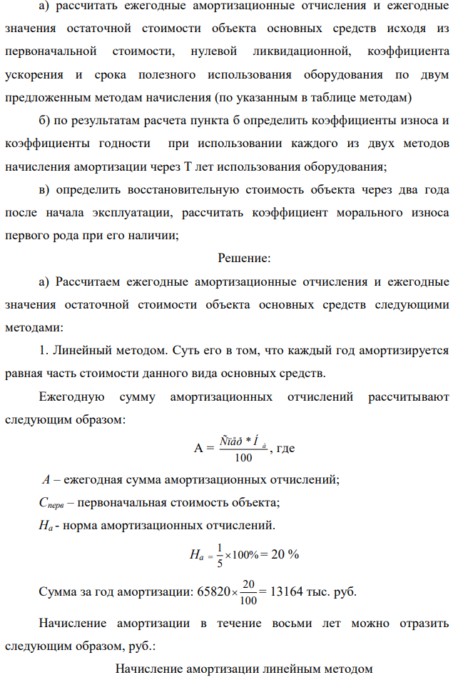 По исходным данным приложение 1определить: Таблица 1 Исходные данные о приобретенном объекте основных средств Вариа нт С перв, тыс руб С ликв, тыс руб Сро к, лет К уско р Метод Индекс цен на данное оборудование через два года от начала экслуатации 5 65 820 3800 5 2,00 лин, кум 0,85 386 а) рассчитать ежегодные амортизационные отчисления и ежегодные значения остаточной стоимости объекта основных средств исходя из первоначальной стоимости, нулевой ликвидационной, коэффициента ускорения и срока полезного использования оборудования по двум предложенным методам начисления (по указанным в таблице методам) б) по результатам расчета пункта б определить коэффициенты износа и коэффициенты годности при использовании каждого из двух методов начисления амортизации через Т лет использования оборудования; в) определить восстановительную стоимость объекта через два года после начала эксплуатации, рассчитать коэффициент морального износа первого рода при его наличии; 