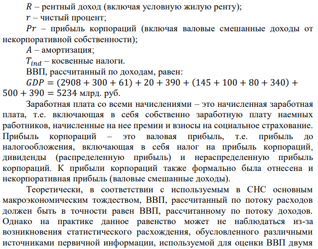 Используя данные, приведенные ниже, рассчитайте величину следующих показателей: ВВП, ЧВП, личные располагаемые доходы, личные сбережения. Показатели развития национальной экономики в млрд. руб.: личные потребительские расходы – 3807; трансфертные платежи – 768; государственные расходы на товары и услуги – 965; чистые инвестиции – 766; чистый экспорт товаров и услуг – 97 (экспорт: 625, импорт: 722); личные доходы – 4826; заработная плата наемных работников – 2908; премии – 300; взносы на социальное страхование – 61; взносы в частные фонды – 368; некорпоративная прибыль – 340; рентный доход – 20; доходы корпораций – 325; налог на прибыль корпораций – 145; дивиденды (распределенная прибыль) – 100; нераспределенная прибыль корпораций – 80; чистый процент – 390; амортизация – 500; косвенные налоги – 390; индивидуальные налоги – 590. 