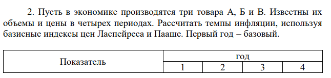 Пусть в экономике производятся три товара А, Б и В. Известны их объемы и цены в четырех периодах. Рассчитать темпы инфляции, используя базисные индексы цен Ласпейреса и Пааше. Первый год – базовый. 