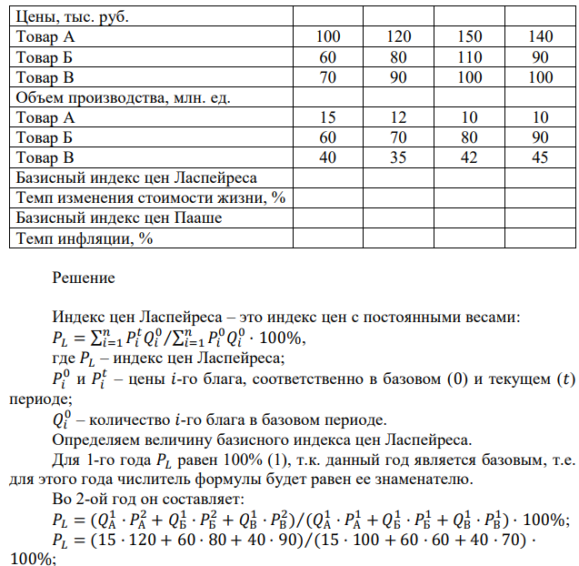 Пусть в экономике производятся три товара А, Б и В. Известны их объемы и цены в четырех периодах. Рассчитать темпы инфляции, используя базисные индексы цен Ласпейреса и Пааше. Первый год – базовый. 
