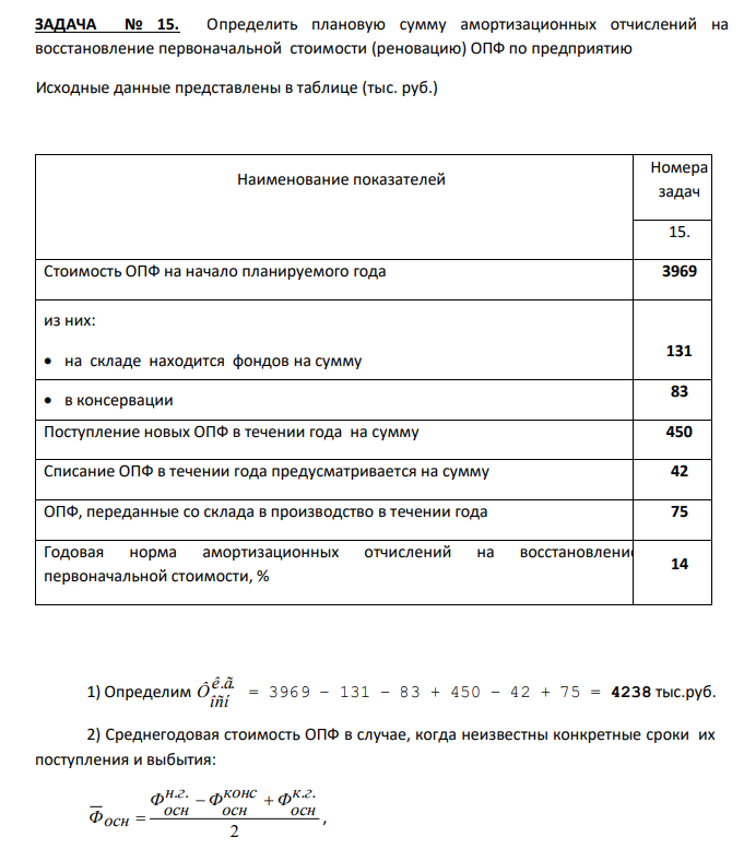  Определить плановую сумму амортизационных отчислений на восстановление первоначальной стоимости (реновацию) ОПФ по предприятию Исходные данные представлены в таблице (тыс. руб.)  
