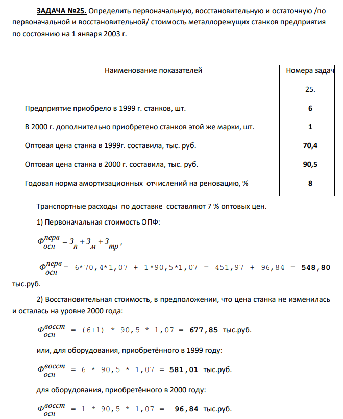  Определить первоначальную, восстановительную и остаточную /по первоначальной и восстановительной/ стоимость металлорежущих станков предприятия по состоянию на 1 января 2003 г. 