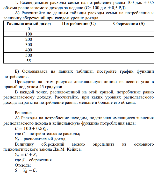 Еженедельные расходы семьи на потребление равны 100 д.е. + 0,5 объема располагаемого дохода за неделю (С= 100 д.е. + 0,5 РД). А) Рассчитайте по данным таблицы расходы семьи на потребление и величину сбережений при каждом уровне дохода. Располагаемый доход Потребление (С) Сбережения (S) 0 100 200 300 400 500 55 Б) Основываясь на данных таблицы, постройте график функции потребления. Проведите на этом рисунке диагональную линию из левого угла в правый под углом 45 градусов. В каждой точке, расположенной на этой кривой, потребление равно располагаемому доходу. Рассчитайте, при каких уровнях располагаемого дохода затраты на потребление равны, меньше и больше его объема. 