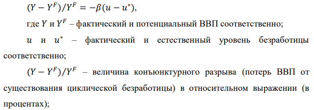 Каковы потери ВВП, вызванные конъюнктурной (циклической) безработицей, если ее фактический уровень 11% при естественной норме 6%, фактический объем ВВП – 525 млрд. долл., коэффициент Оукена = 2,5? По закону Оукена (изменение конъюнктурной безработицы на 1 % вызывает изменение конъюнктурного разрыва на в%). 