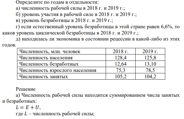 Определите по годам в отдельности: а) численность рабочей силы в 2018 г. и 2019 г.; б) уровень участия в рабочей силе в 2018 г. и 2019 г.; в) уровень безработицы в 2018 г. и 2019 г.; г) если естественный уровень безработицы в этой стране равен 6,6%, то каков уровень циклической безработицы в 2018 г. и 2019 г.; д) находилась ли экономика в состоянии рецессии в какой-либо из этих годов. Численность, млн. человек 2018 г. 2019 г. Численность населения 128,4 125,8 Численность безработных 12,64 13,10 Численность взрослого населения 75,3 78,5 Численность занятых 105,2 104,2 