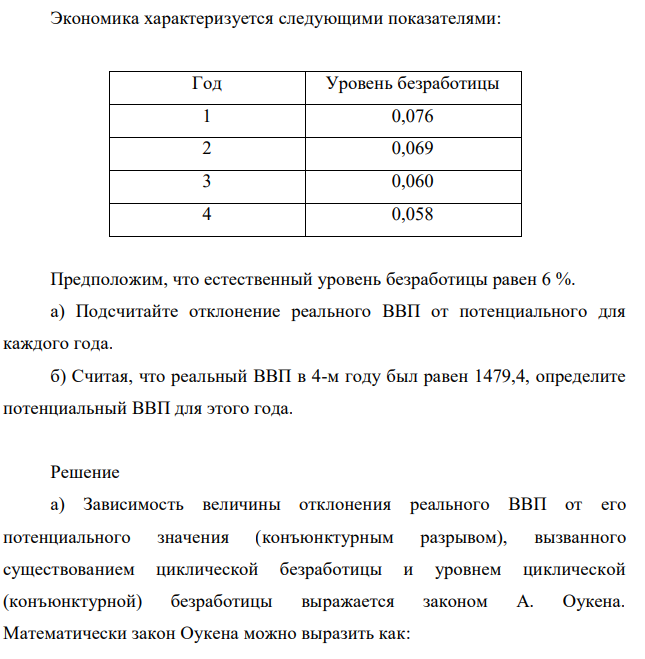 Экономика характеризуется следующими показателями: Год Уровень безработицы 1 0,076 2 0,069 3 0,060 4 0,058 Предположим, что естественный уровень безработицы равен 6 %. а) Подсчитайте отклонение реального ВВП от потенциального для каждого года. б) Считая, что реальный ВВП в 4-м году был равен 1479,4, определите потенциальный ВВП для этого года. 