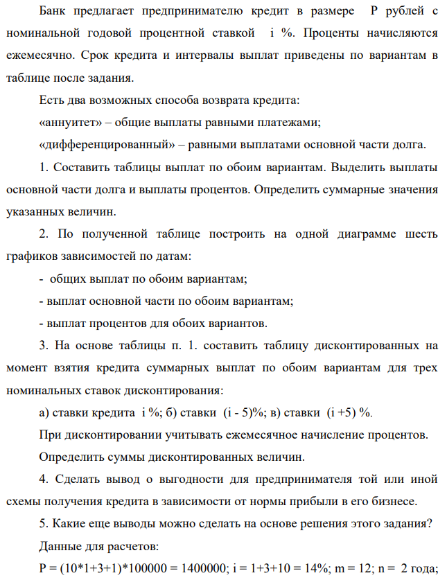 Банк предлагает предпринимателю кредит в размере P рублей с номинальной годовой процентной ставкой i %. Проценты начисляются ежемесячно. Срок кредита и интервалы выплат приведены по вариантам в таблице после задания. Есть два возможных способа возврата кредита: «аннуитет» – общие выплаты равными платежами; «дифференцированный» – равными выплатами основной части долга. 1. Составить таблицы выплат по обоим вариантам. Выделить выплаты основной части долга и выплаты процентов. Определить суммарные значения указанных величин. 2. По полученной таблице построить на одной диаграмме шесть графиков зависимостей по датам: - общих выплат по обоим вариантам; - выплат основной части по обоим вариантам; - выплат процентов для обоих вариантов. 3. На основе таблицы п. 1. составить таблицу дисконтированных на момент взятия кредита суммарных выплат по обоим вариантам для трех номинальных ставок дисконтирования: а) ставки кредита i %; б) ставки (i - 5)%; в) ставки (i +5) %. При дисконтировании учитывать ежемесячное начисление процентов. Определить суммы дисконтированных величин. 4. Сделать вывод о выгодности для предпринимателя той или иной схемы получения кредита в зависимости от нормы прибыли в его бизнесе. 5. Какие еще выводы можно сделать на основе решения этого задания? Данные для расчетов: P = (10*1+3+1)*100000 = 1400000; i = 1+3+10 = 14%; m = 12; n = 2 года; р = 6 